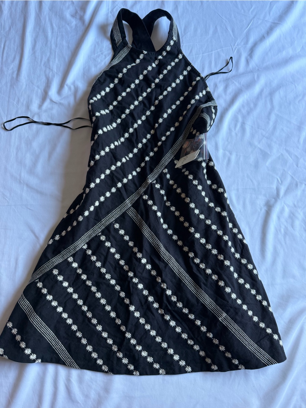 Free People Black Halter Dress with White Daisy Stripes and Crossback